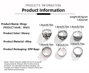 Size chart showing six vintage punk skull rings with detailed inner diameter measurements