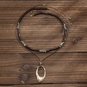 Mens bohemian double layer wooden bead necklace set with gold oval hollow pendant