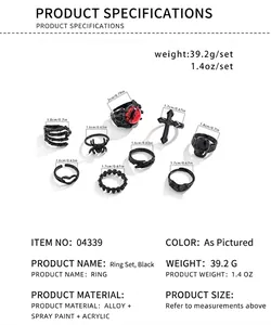 Set de 8 anillos góticos negros con calaveras y cruces, incluye medidas de tamaño y peso