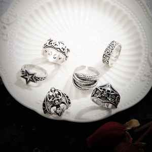Detailed view of 6-piece gothic punk ring set with skull and crown on vintage ceramic plate