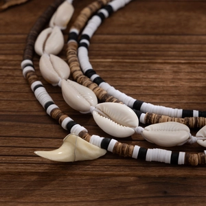 Bohemian multi-layer men's necklace with shell beads and shark tooth pendant