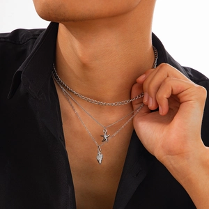 Collier pour Hommes Hip Hop Superposé en Alliage d'Argent Avec Pendentif Étoile de Mer et Conque Ensemble Bijoux de Mode de Rue