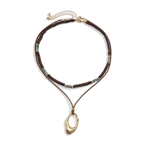 Double-layered men's wooden bead necklace with a green stone and golden hollow pendant