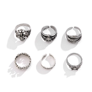 6-piece men's punk skull and crown ring set in vintage silver finish with gothic designs