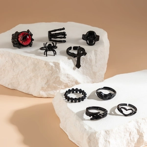 9-piece set of black gothic rings with skull, spider, and cross designs for men