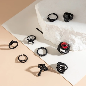 9-piece black gothic ring set with skull, spider, and cross designs for Halloween