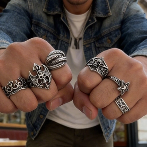 Men Punk Skull Crown Ring Set Gothic Vintage Antique Silver Zinc Alloy Distressed Band Rings Hip Hop Jewelry For Men