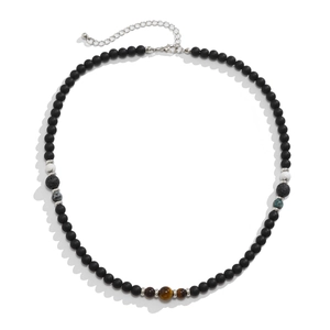 Men's hip-hop beaded necklace with matte black beads and natural tiger eye stones