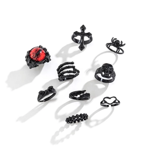 Set de 9 anillos punk góticos para hombre en negro mate con ojo de dragón rojo y calavera