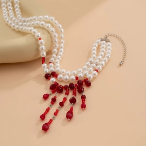 Collier triple rang de perles fantaisie avec pampilles gouttes rouges pour hommes et femmes