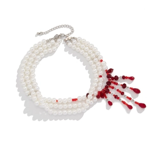 Collier rétro pour hommes en perles avec glands rouges et chaîne argentée ajustable