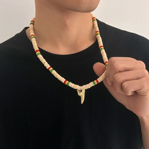 Men's hip-hop necklace with mixed wood beads, coconut shells, and shark tooth pendant