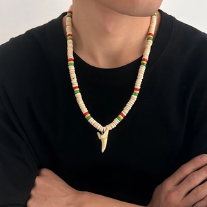 Men's surfing shark tooth pendant necklace with colorful coconut shell wood beads
