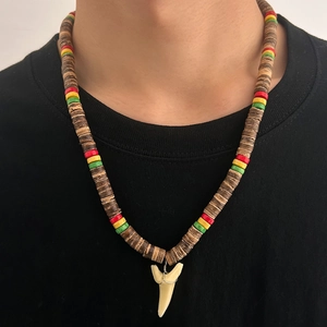 Men Surfer Shark Tooth Wood Bead Necklace Tribal Ethnic Style Coconut Shell Beaded Clavicle Chain Hip Hop Beach Jewelry