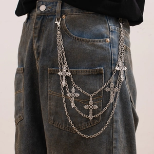 Gothic multi-layer silver hip-hop waist chain with baroque cross pendants on jeans