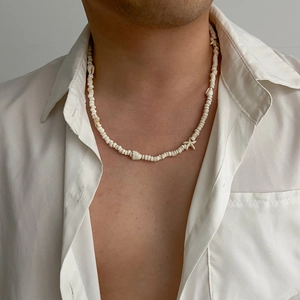Collier de perles blanches pour hommes avec pendentifs étoile de mer et coquillage