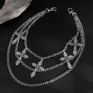 Men's multi-layer silver metal trouser chain with cross pendants and lobster clasps