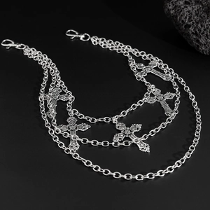 Multi-layer gothic silver pants chain with ornate cross pendants and lobster clasps