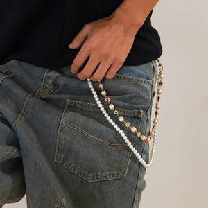 Dual-layer men's trouser chain with faux pearls, colorful sunflower charms and gold stars