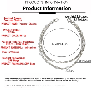 Detailed size specifications of layered faux pearl and metal chain for trousers