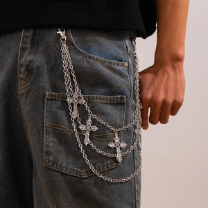 Men Gothic Punk Layered Trousers Chain Silver Alloy Relief Cross Pendant Belt Chain For Jeans Hip Hop Streetwear Accessories