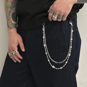 Multi-layered silver hip-hop pants chain with metallic links and white pearls for men