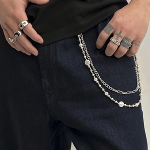 Hip hop multi-layer waist chain featuring pearls and silver metal links for jeans