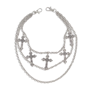 Men's silver multi-layer metal trousers chain with gothic cross pendants and lobster clasps