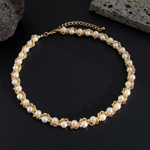 Elegante geflochtene Perlenhalskette für Herren mit Goldkette und verstellbarem Verschluss
