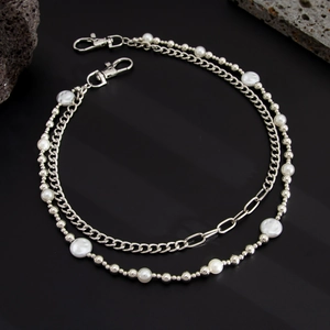 Double-layered hip hop pant chain with white faux pearls and silver metal Cuban links