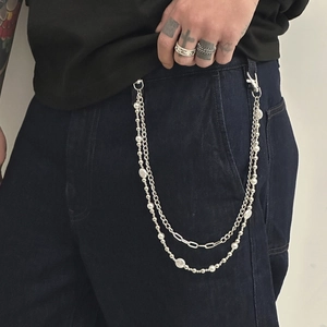 Men Hip Hop Layered Pant Chain With Imitation Artificial Pearl Alloy Metal Double Layer Waist Chain For Jeans Streetwear Accessories