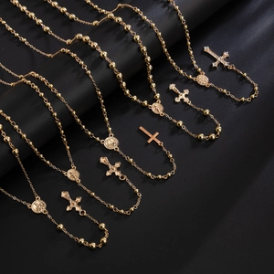 Vijfdelige gouden kruisketting set met kralen en strass steentjes voor heren vintage