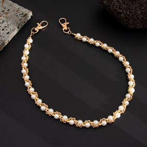 Hip hop style faux pearl and gold metal trousers chain with lobster clasps on black background
