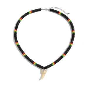 Mens surfing necklace with colorful coconut shell beads and a white shark tooth pendant