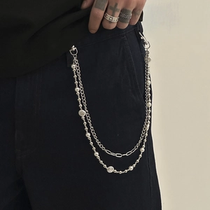 Men's hip hop layered pearl pants chain with silver metal links and lobster clasps