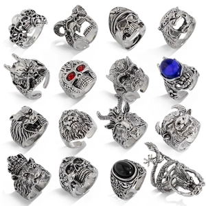Lot de 16 bagues punk vintage en alliage avec têtes de mort et motifs d'animaux gothiques