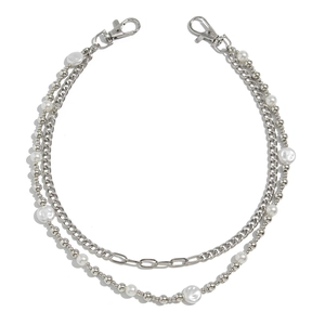 Double-layered hip hop pant chain with metallic beads and white faux pearls for jeans