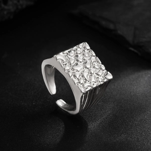 Silver square textured adjustable ring for men with unique industrial hammered surface finish