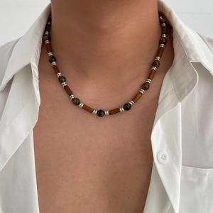 Vintage Men Wood Beaded Necklace With Tiger Eye Stone Ethnic Style Handmade Brown Beads Adjustable Necklace Jewelry Gift