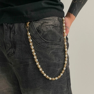 Hip Hop Faux Artificial Pearl Metal Pants Chain Alloy Link Waist Chain For Men Women Punk Streetwear Fashion Accessories Jewelry