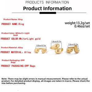 Detailed size and weight specs for the 3-piece teardrop alloy ring set in gold finish