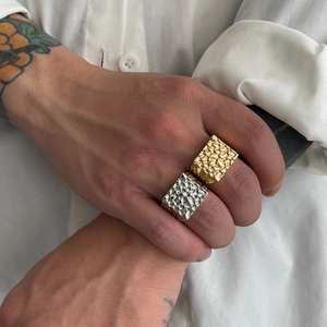 Vintage Alloy Square Nugget Texture Open Ring For Men Rugged Geometric Adjustable Rock Pattern Casual Street Jewelry