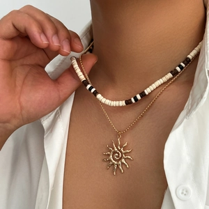 Bohemian Vintage Layered Men Necklace With Sun Pendant Handmade Wood Beads Coconut Shell Alloy Chain Fashion Jewelry