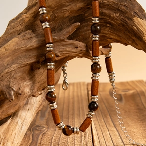 Handmade men's wooden beaded necklace with tiger eye stones and adjustable lobster clasp