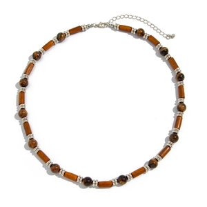 Tiger eye beaded necklace with bamboo-style columns and silver metal spacers for men