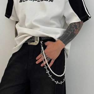 Chaîne de pantalon double pour hommes avec perles blanches et pendentifs croix argentés