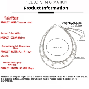 Detailed size chart of multi-layer silver alloy star pants chain with 62.6g weight
