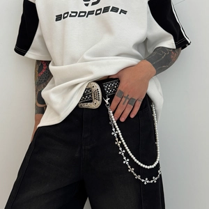 Chaîne de taille punk pour homme avec perles blanches et pendentifs croix argentés