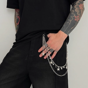 Men's punk multilayer silver star wallet chain with triple metal link hip hop style