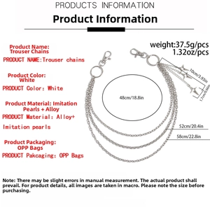 Detailed spec sheet of triple-layered silver pant chain with star charms and spring clasps